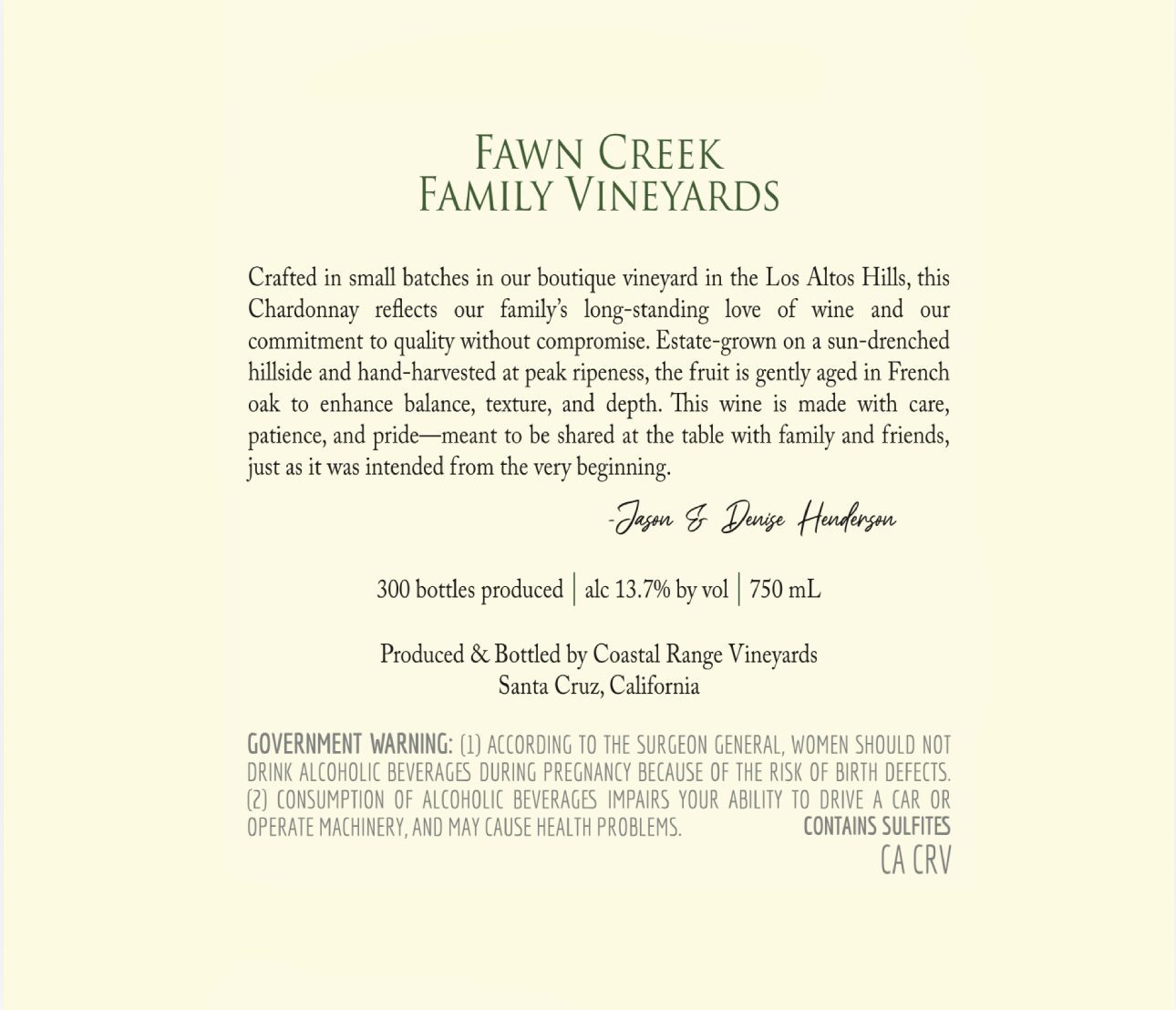 Fawn Creek Family Vineyards Chardonnay wine label