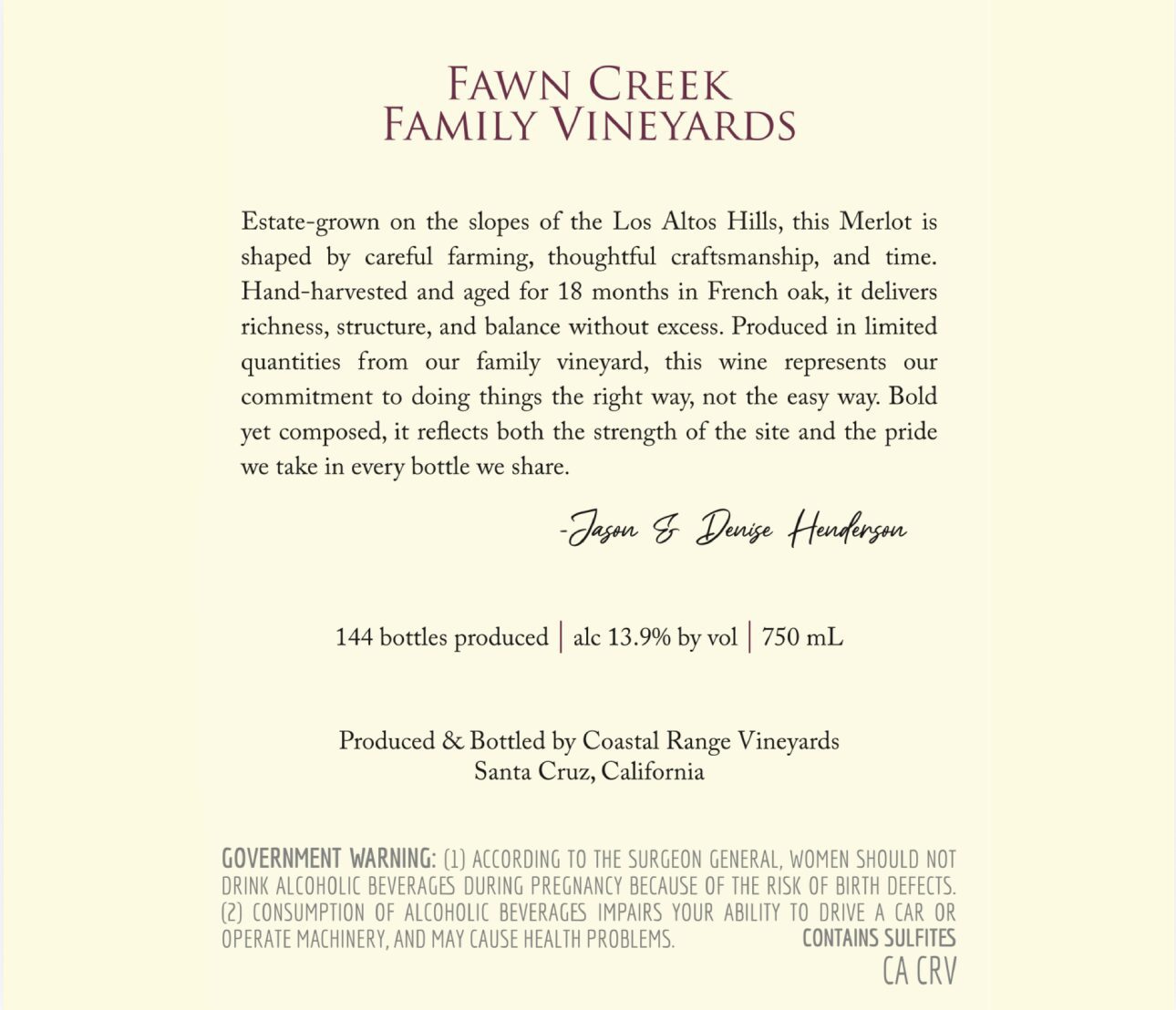 Fawn Creek Family Vineyards wine bottle label