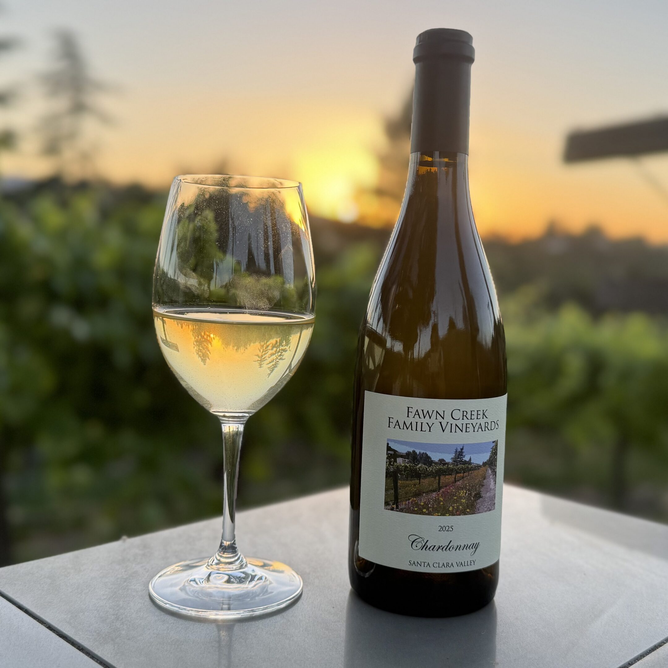 Chardonnay bottle and glass at sunset